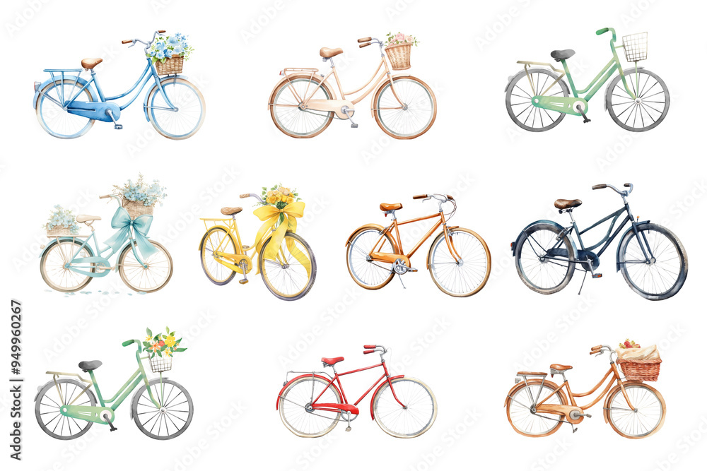 PNG watercolor bicycle element set, transparent background PNG watercolor bicycle element set, transparent background