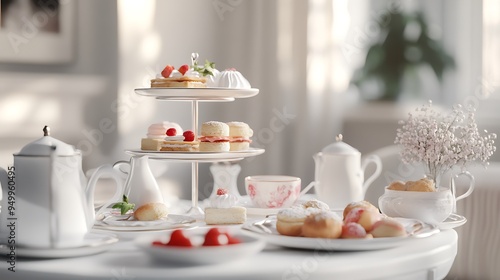 Wallpaper Mural Elegant Afternoon Tea with Delicate Pastries and White Teapot Torontodigital.ca