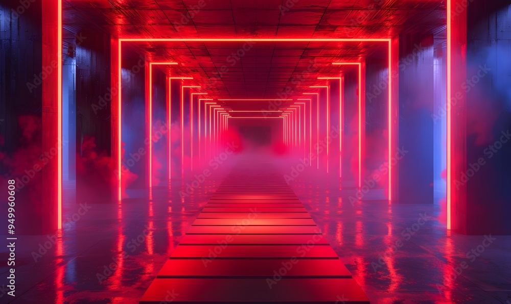 Fototapeta premium Futuristic Fashion Stage, A catwalk design featuring a long, illuminated runway with red neon lights and color floodlights