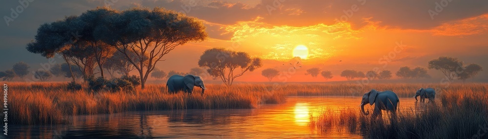 Savannah grasslands, acacia trees, grazing elephants, and a golden sunset, 3D landscape Savannah grasslands, acacia trees, grazing elephants, and a golden sunset, 3D landscape