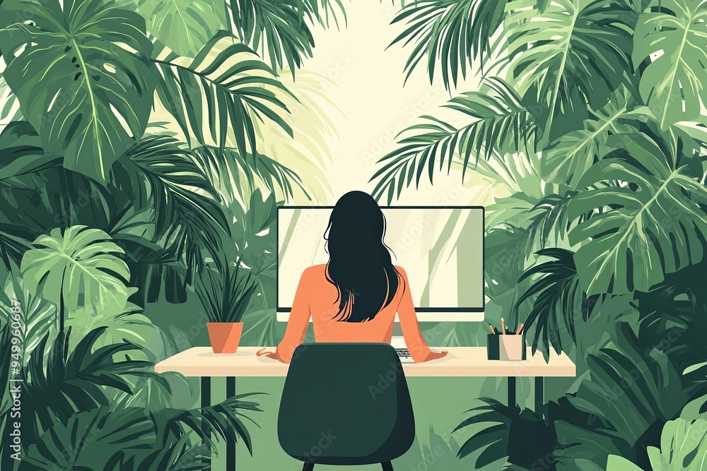 A woman at a minimalist workspace with a computer A woman at a minimalist workspace with a computer