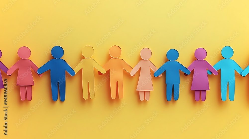 Paper people in vibrant colors stand linked on a yellow backdrop, celebrating unity and connection. Paper people in vibrant colors stand linked on a yellow backdrop, celebrating unity and connection.