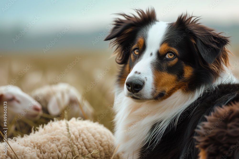 Fototapeta premium Sheepdog and Sheep: Depict the relationship between a sheepdog and its flock.