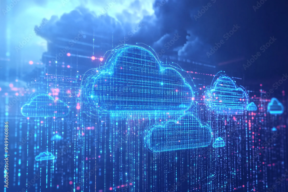 futuristic illustration of digital clouds with data streams in a blue color scheme symbolizing cloud computing and data flow technology futuristic illustration of digital clouds with data streams in a blue color scheme symbolizing cloud computing and data flow technology