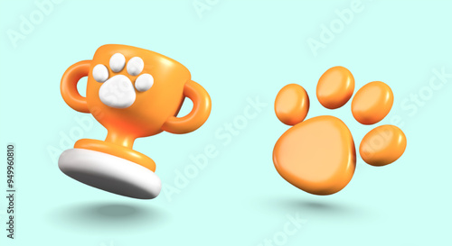 Gold pet award, paw print in realistic cartoon style. Cute templates for concepts of victory