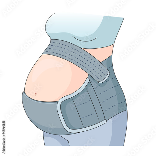 pregnant woman wearing a maternity support belt for back and belly support during late pregnancy stages hand drawn schematic vector illustration. Medical science educational illustration