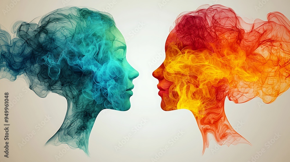 Abstract faces made of blue and orange smoke intertwine, creating a striking visual effect. Abstract faces made of blue and orange smoke intertwine, creating a striking visual effect.