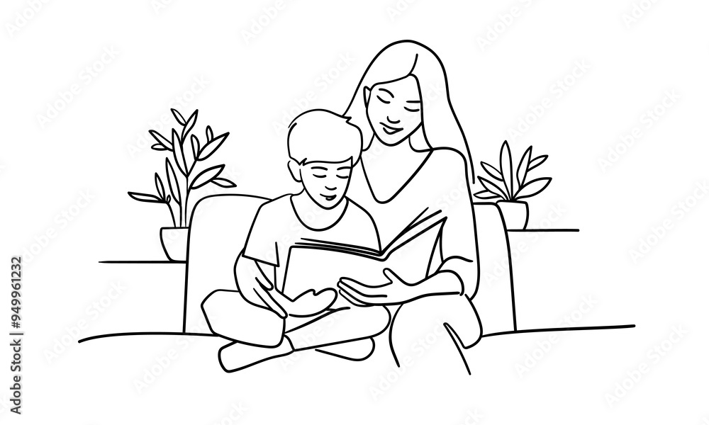 Mother and son reading book on sofa, continuous line art drawing isolated on white background. Vector illustration Mother and son reading book on sofa, continuous line art drawing isolated on white background. Vector illustration