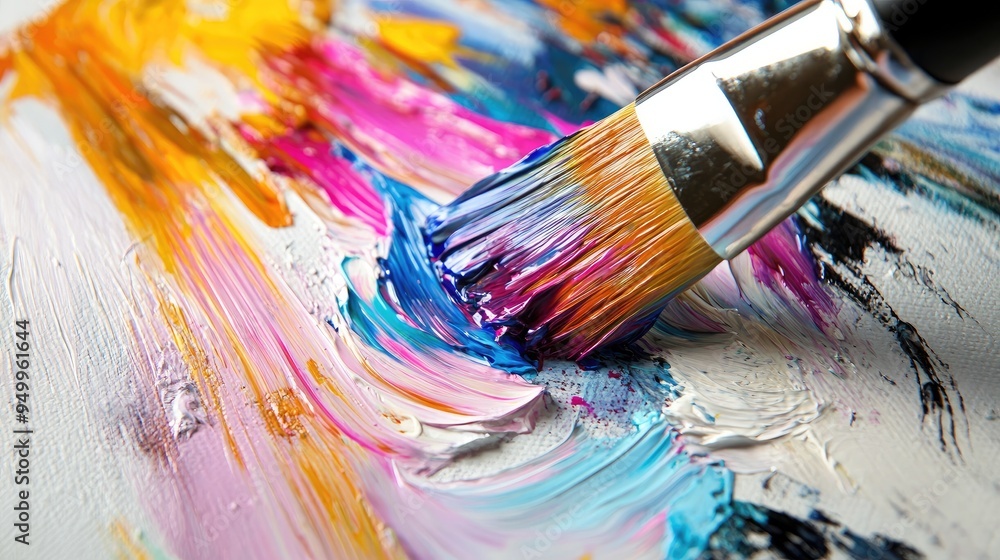 A close-up of a paintbrush creating a color splash on a white canvas, with bold strokes. A close-up of a paintbrush creating a color splash on a white canvas, with bold strokes.