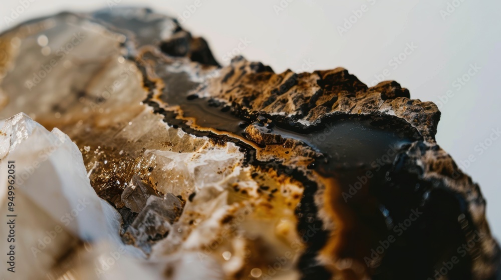Black resin flowing through a crystal geode formation Black resin flowing through a crystal geode formation