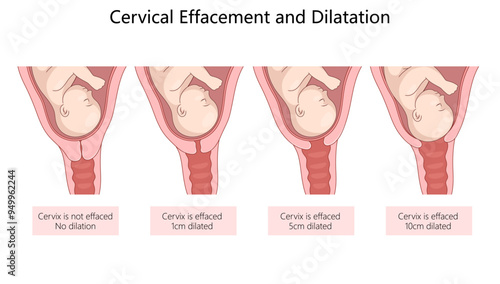 stages of cervical effacement and dilation during labor, depicting gradual opening and thinning of the cervix diagram hand drawn schematic vector illustration. Medical science educational illustration