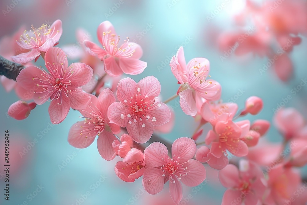 A close-up shot of delicate pink cherry blossoms, bathed in soft light. A close-up shot of delicate pink cherry blossoms, bathed in soft light.