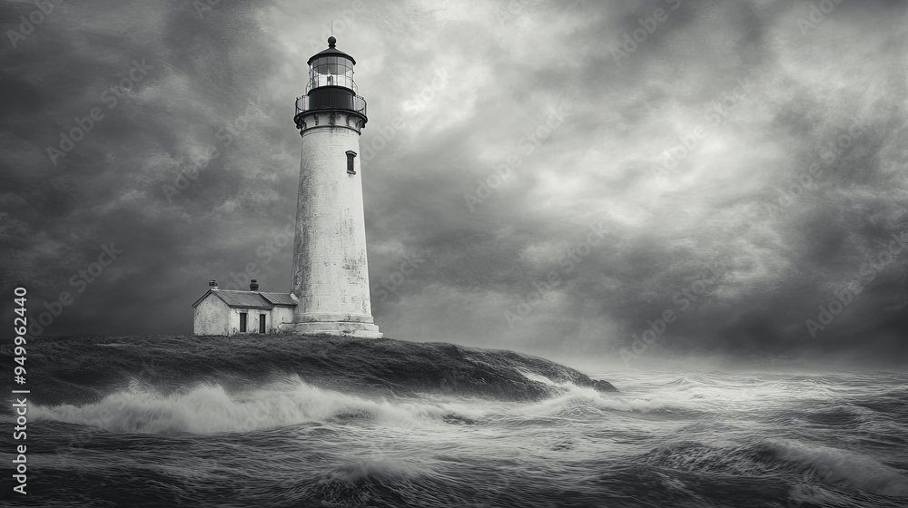Timeless Lighthouse: A Weathered Beacon's Solitude Amidst the Turbulent Stormy Seas, Elegance in Monochrome Timeless Lighthouse: A Weathered Beacon's Solitude Amidst the Turbulent Stormy Seas, Elegance in Monochrome