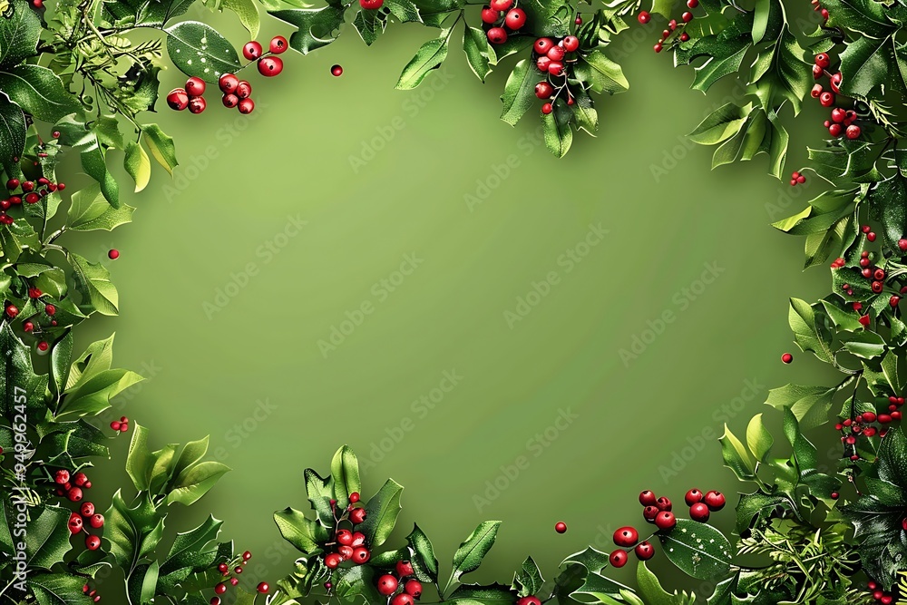 © Chayon Creative - Christmas green frame with holly leaves and stars on a beige background