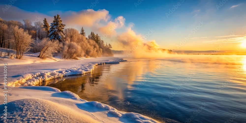 Lake Huron in January at dawn, with mist rising from the frozen lake, captured in soft, warm light with a shallow depth of field to emphasize the frosty shoreline. Lake Huron in January at dawn, with mist rising from the frozen lake, captured in soft, warm light with a shallow depth of field to emphasize the frosty shoreline.
