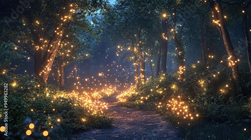 Twilight forest, fireflies glowing, moonlit paths, and rustling leaves, 3D landscape