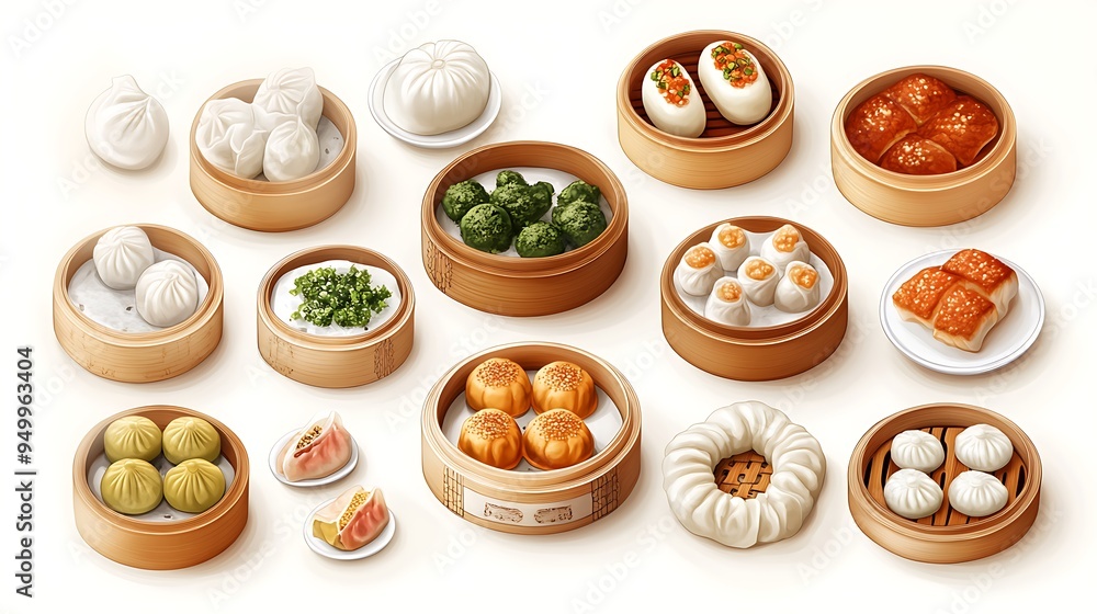 Delicious Chinese Dim Sum Variety in Bamboo Steamers and Plates Delicious Chinese Dim Sum Variety in Bamboo Steamers and Plates