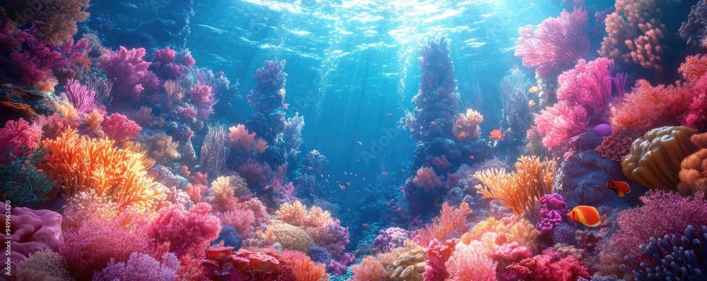 Underwater mermaid palace, with coral towers, shimmering scales, and sea creatures, 3D illustration Underwater mermaid palace, with coral towers, shimmering scales, and sea creatures, 3D illustration