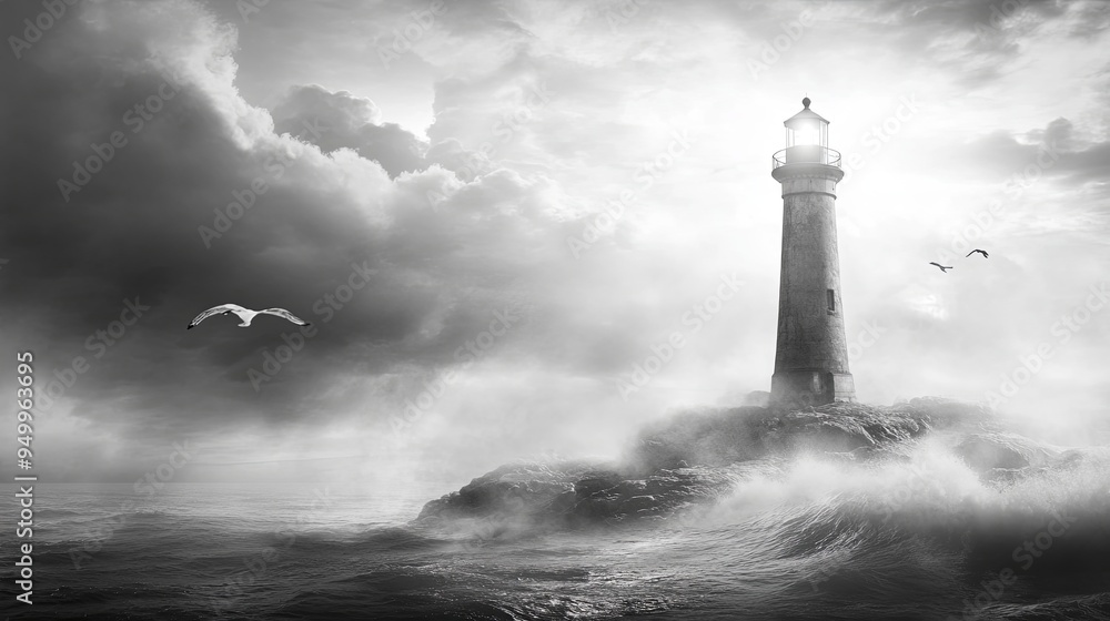 Timeless Lighthouse: A Weathered Beacon's Solitude Amidst the Turbulent Stormy Seas, Elegance in Monochrome Timeless Lighthouse: A Weathered Beacon's Solitude Amidst the Turbulent Stormy Seas, Elegance in Monochrome