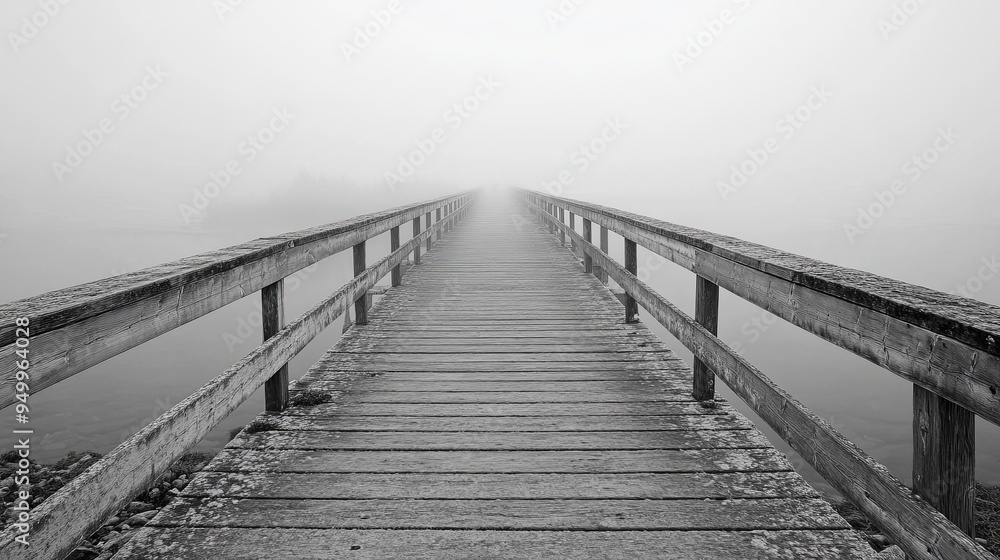 Obraz premium Solitude on the Shore: Fog-Enshrouded Pier, Echoes of a Bustling Harbor, Coastal Serenity in Grayscale Elegance
