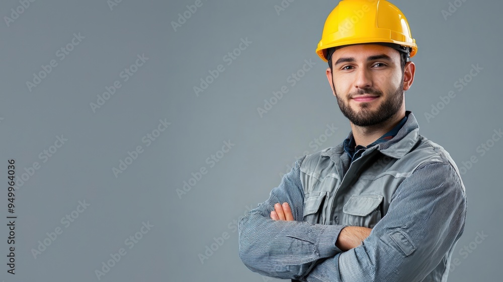 Confident Construction Worker with Arms Crossed Wearing a Yellow Hard Hat Against a Grey Background Confident Construction Worker with Arms Crossed Wearing a Yellow Hard Hat Against a Grey Background