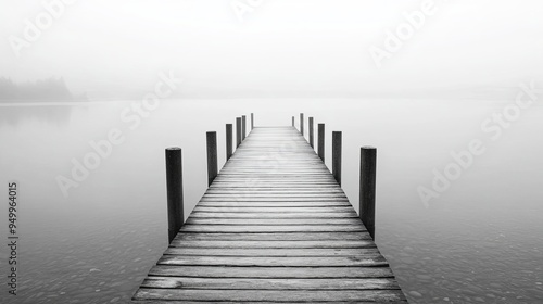 Solitude on the Shore: Fog-Enshrouded Pier, Echoes of a Bustling Harbor, Coastal Serenity in Grayscale Elegance