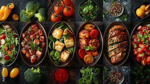 Wallpaper Mural A beautiful farm-to-table collage with dishes like mixed salads, roasted vegetables, and grilled meats, all presented on rustic, handcrafted plates, Torontodigital.ca