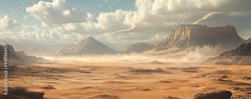 Wind-swept desert plateau, flat expanses with occasional mesas, dust devils spiraling in the distance, 3D landscape photo