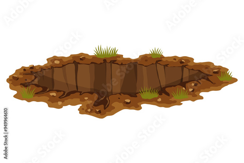 Hole ground. Works digging of sand coal waste rock or gravel. Brown, dry mine element of landscape. Cartoon illustration