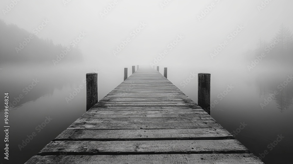 Obraz premium Solitude on the Shore: Fog-Enshrouded Pier, Echoes of a Bustling Harbor, Coastal Serenity in Grayscale Elegance