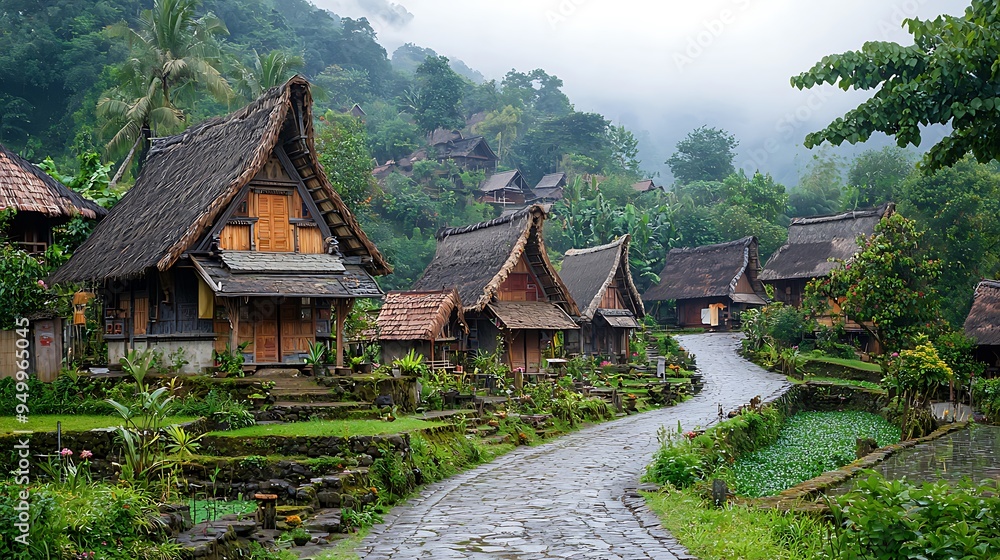 Traditional houses rise in a misty mountain village, shrouded in a serene, ethereal atmosphere. Traditional houses rise in a misty mountain village, shrouded in a serene, ethereal atmosphere.