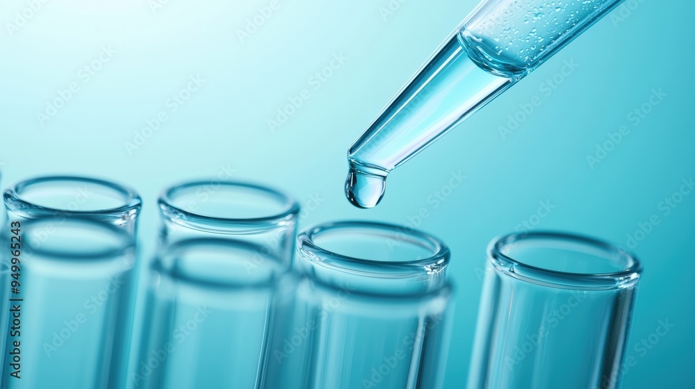 Droplet of Clear Liquid Being Pipetted Into Test Tube Against a Light Blue Background Droplet of Clear Liquid Being Pipetted Into Test Tube Against a Light Blue Background