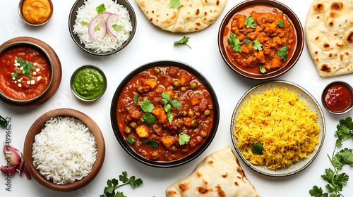 Indian Food Curry Rice Naan Bread Vegetarian Delicious Meal Dinner Lunch Home Cooked Restaurant Food Food Photography Flat Lay Top View