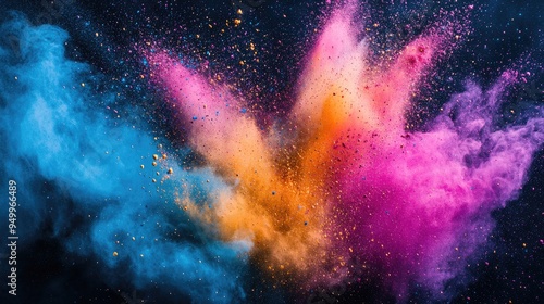 A close-up of colorful powder being thrown into the air, with particles scattering in all directions.