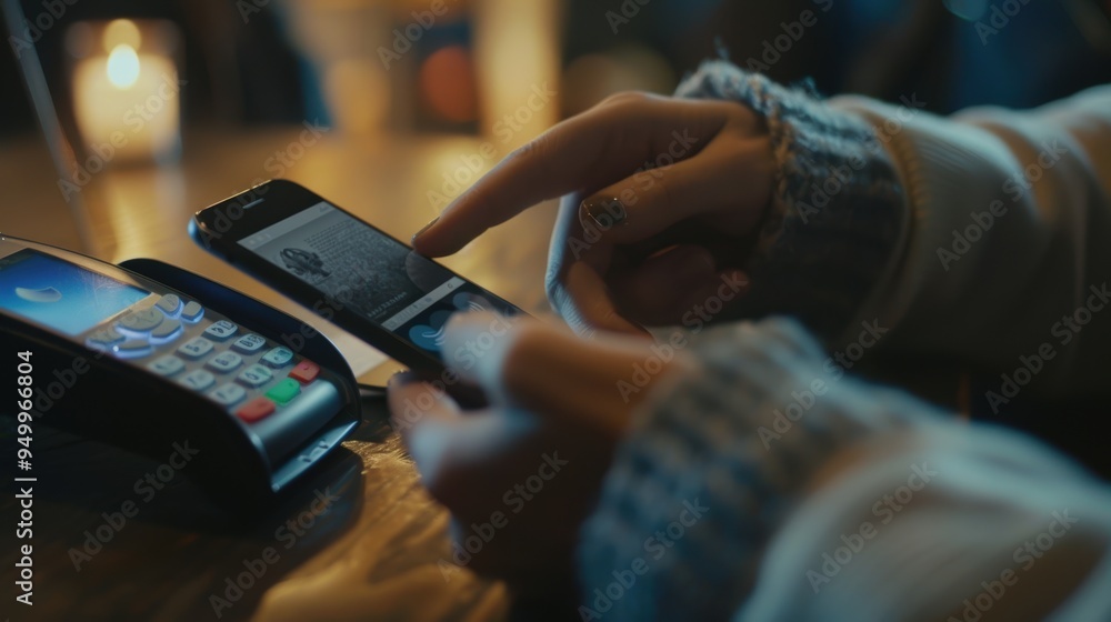 Woman paying with nfc technology on smartphone in restaurant Woman paying with nfc technology on smartphone in restaurant