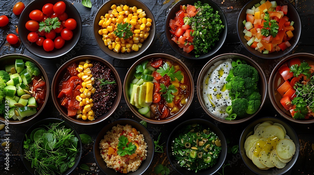 A colorful collage of nutritious bowls including smoothie bowls, quinoa salad bowls, and mixed grain bowls, each artfully arranged with fresh ingredients, set on a rustic table with soft, A colorful collage of nutritious bowls including smoothie bowls, quinoa salad bowls, and mixed grain bowls, each artfully arranged with fresh ingredients, set on a rustic table with soft,