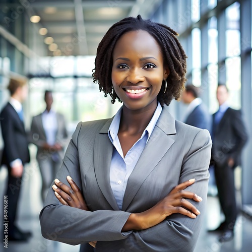 Confident African businesswoman with dreadlocks smiling and standing with arms crossed in an urban office district