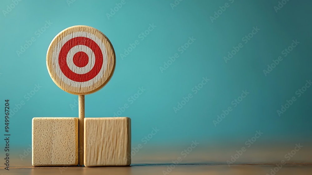 A wooden target with a red and white bullseye stands against a teal background. A wooden target with a red and white bullseye stands against a teal background.