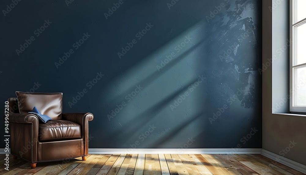 Interior of modern living room with grey walls, wooden floor, comfortable armchair Interior of modern living room with grey walls, wooden floor, comfortable armchair