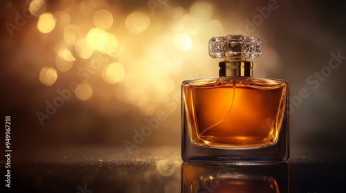 A close-up of a luxury perfume bottle with a gold-plated cap, set against a reflective surface and complemented by subtle, elegant background lighting.