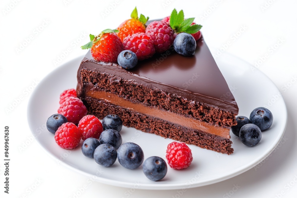 Closeup of a chocolate cake slice with delicious glaze and berries Closeup of a chocolate cake slice with delicious glaze and berries