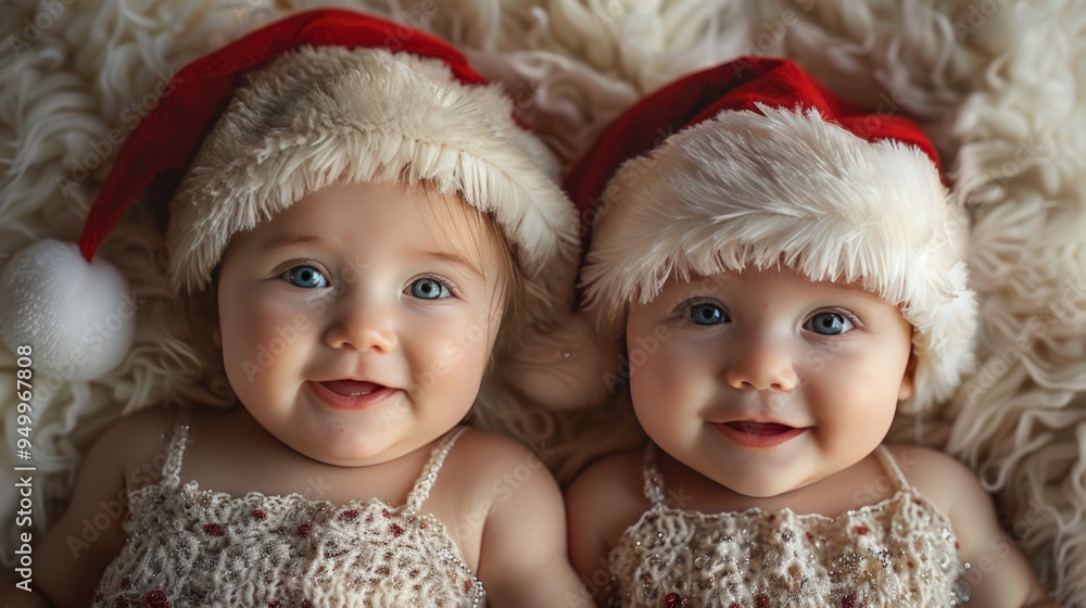 Two adorable twin babies in Santa hats, looking directly at the camera with big smiles. Two adorable twin babies in Santa hats, looking directly at the camera with big smiles.