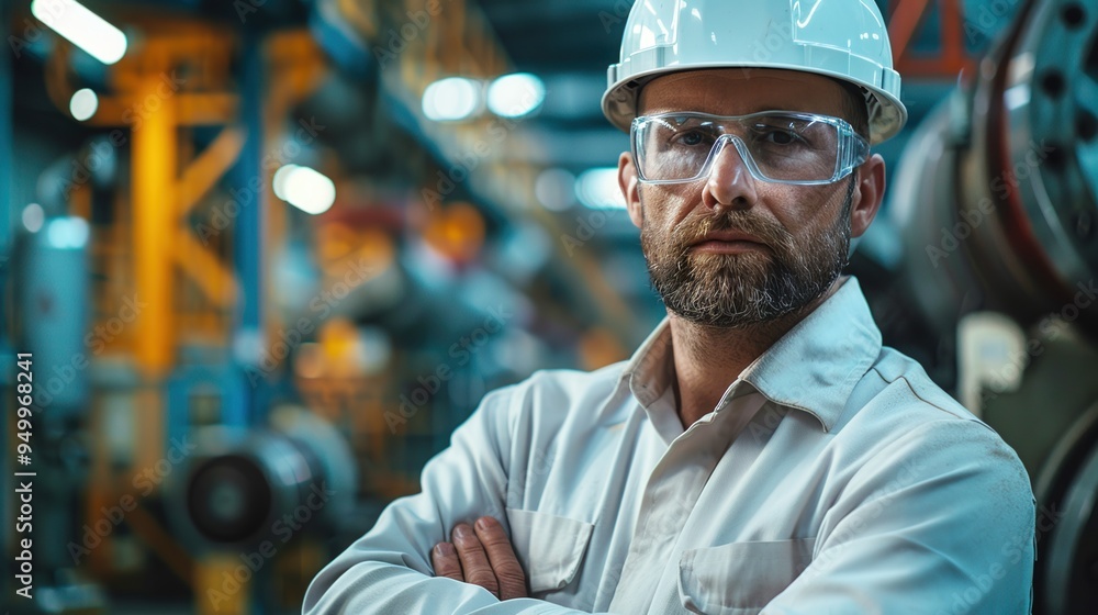 Serious Engineer in White Hard Hat at Factory Serious Engineer in White Hard Hat at Factory