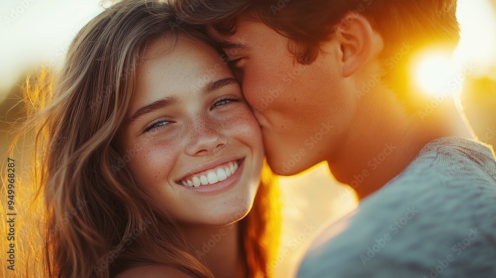 Smiling Couple Embracing at Golden Hour Smiling Couple Embracing at Golden Hour