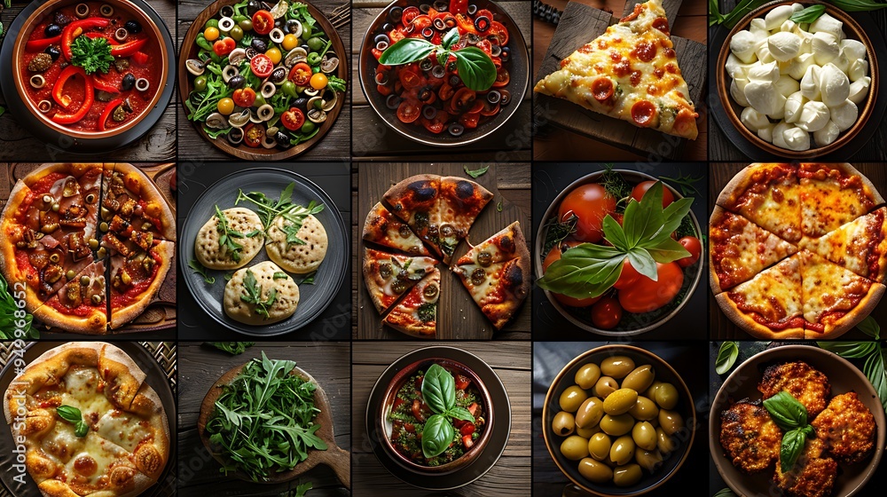 A delicious pizza party collage showcasing an assortment of pizzas with toppings such as mozzarella, olives, and arugula, each on rustic wooden boards and ceramic plates, A delicious pizza party collage showcasing an assortment of pizzas with toppings such as mozzarella, olives, and arugula, each on rustic wooden boards and ceramic plates,