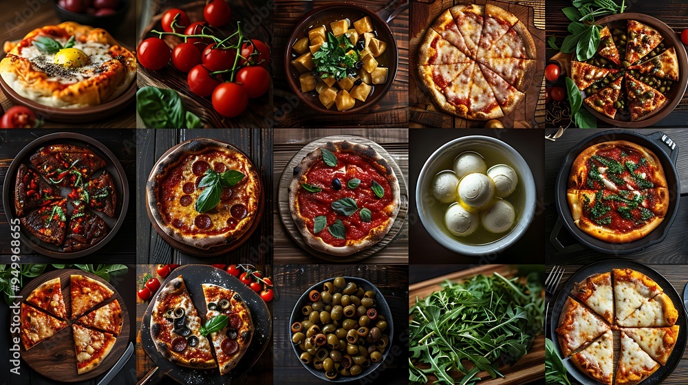 A delicious pizza party collage showcasing an assortment of pizzas with toppings such as mozzarella, olives, and arugula, each on rustic wooden boards and ceramic plates, A delicious pizza party collage showcasing an assortment of pizzas with toppings such as mozzarella, olives, and arugula, each on rustic wooden boards and ceramic plates,