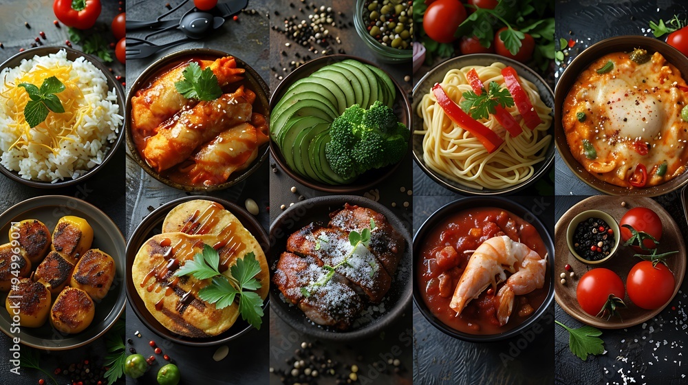 A diverse collage of international dishes including sushi, spaghetti, curry, and tacos, each plated authentically, set on a table with elements from different cultures, illuminated by warm, A diverse collage of international dishes including sushi, spaghetti, curry, and tacos, each plated authentically, set on a table with elements from different cultures, illuminated by warm,
