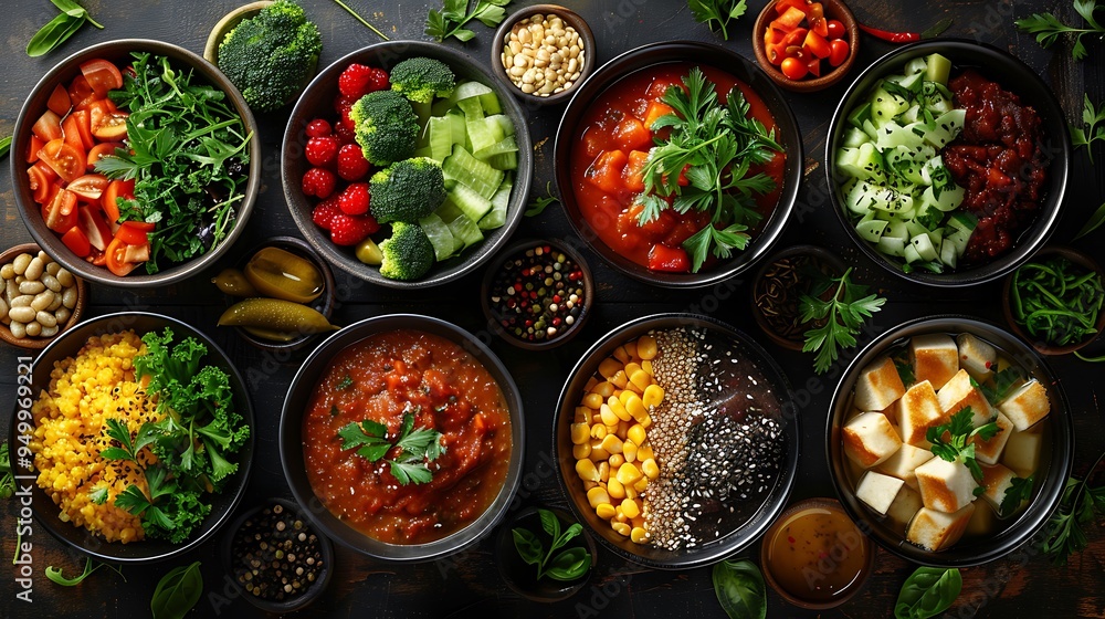 A dynamic collage of healthy bowls showcasing a variety of smoothie bowls, grain bowls, and salad bowls, each beautifully arranged with fresh, vibrant ingredients, set on a wooden table with soft, A dynamic collage of healthy bowls showcasing a variety of smoothie bowls, grain bowls, and salad bowls, each beautifully arranged with fresh, vibrant ingredients, set on a wooden table with soft,