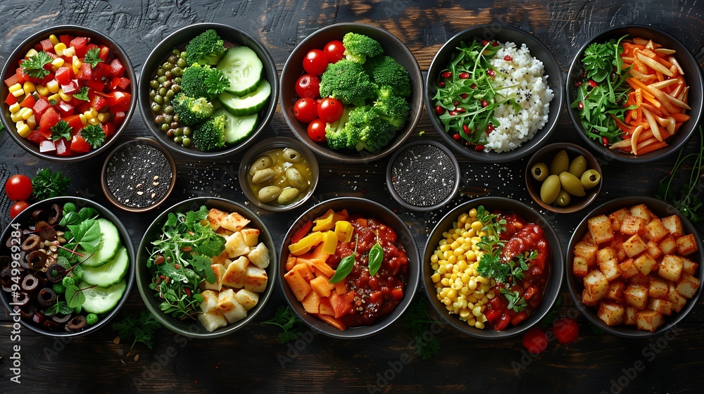 A dynamic collage of healthy bowls showcasing a variety of smoothie bowls, grain bowls, and salad bowls, each beautifully arranged with fresh, vibrant ingredients, set on a wooden table with soft, A dynamic collage of healthy bowls showcasing a variety of smoothie bowls, grain bowls, and salad bowls, each beautifully arranged with fresh, vibrant ingredients, set on a wooden table with soft,