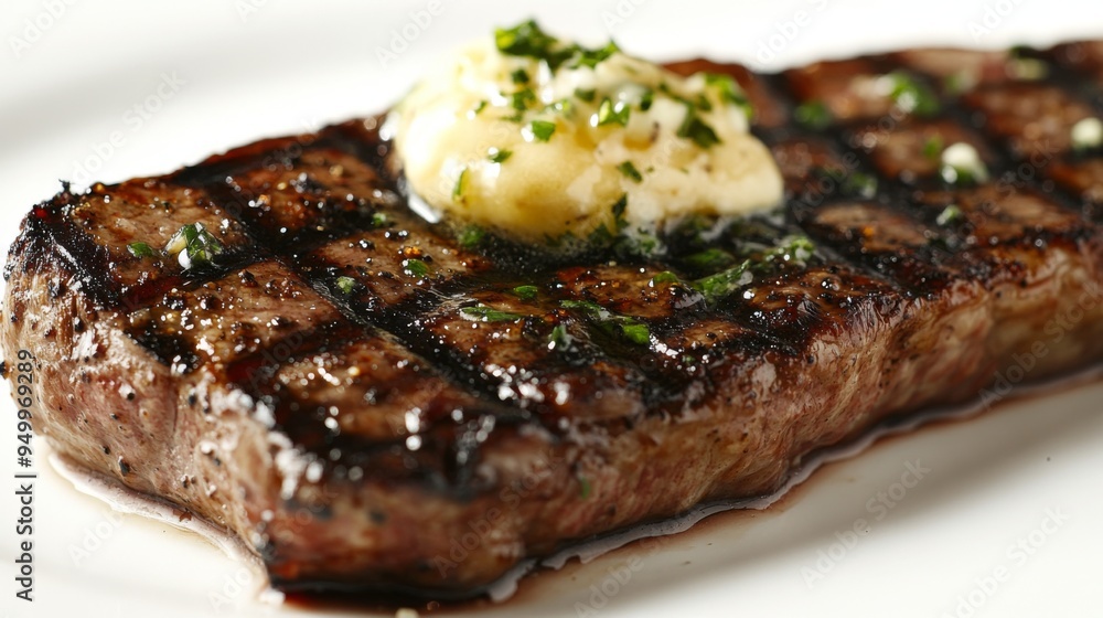A close-up of a succulent steak with grill marks, served with a dollop of garlic butter melting on top, with the focus on the rich textures and flavors against a white backdrop. A close-up of a succulent steak with grill marks, served with a dollop of garlic butter melting on top, with the focus on the rich textures and flavors against a white backdrop.